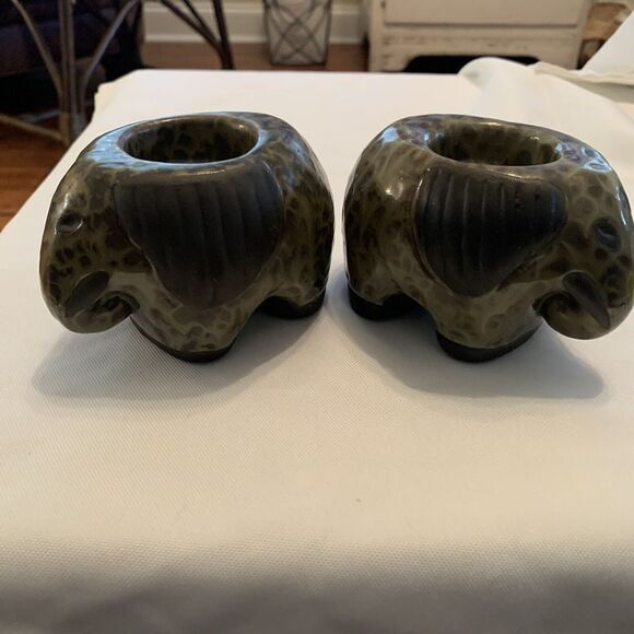 Set Of 2 Pier 1 Imports Tea Light Candle Holder Ceramic Elephant‎ Olive Green - Picture 1 of 11